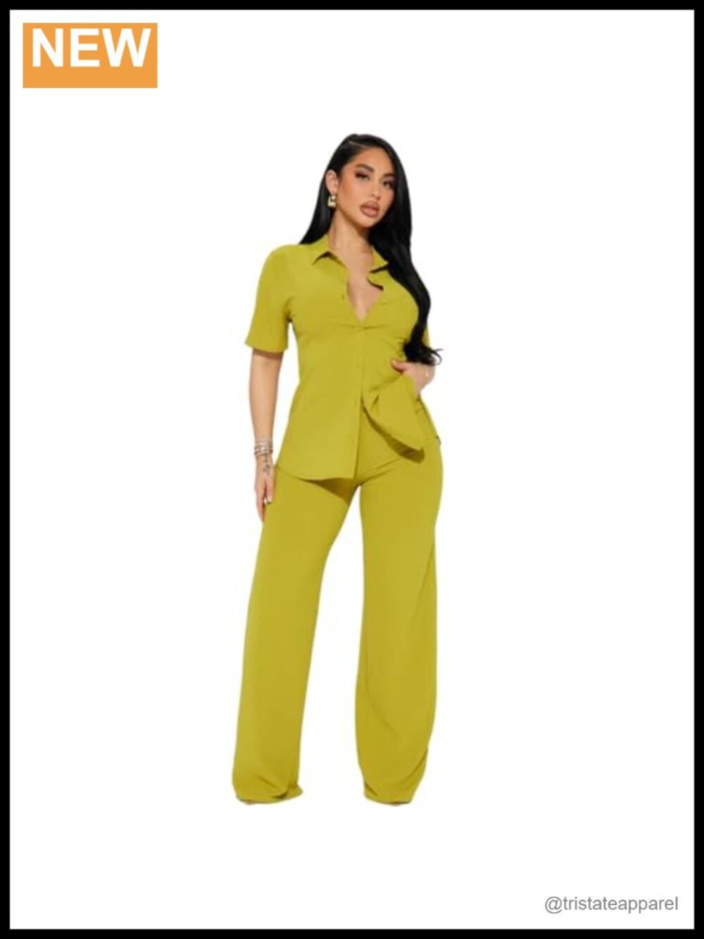 Women 2 Piece Pants Set Wrinkle Free Short Sleeve Shirt High Waist Wide Leg